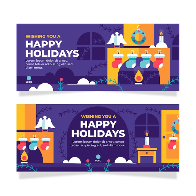 Flat happy holidays horizontal banners set