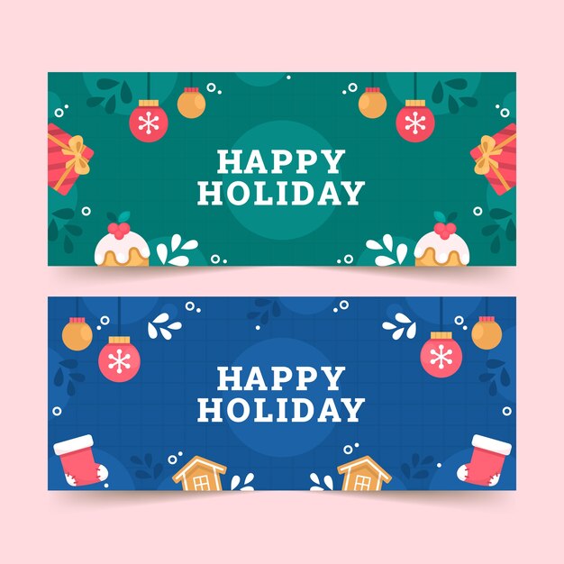 Flat happy holidays horizontal banners set