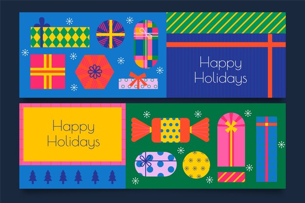 Flat happy holidays horizontal banners set