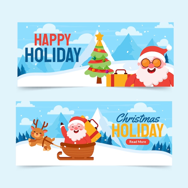 Flat happy holidays horizontal banners set