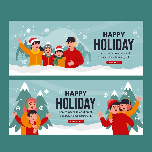 Flat happy holidays horizontal banners set