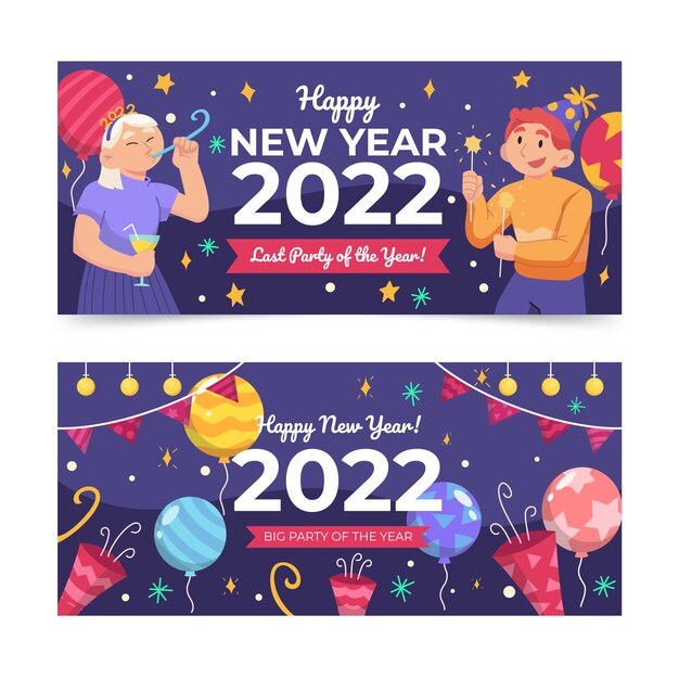 Flat happy new year 2022 horizontal banners set