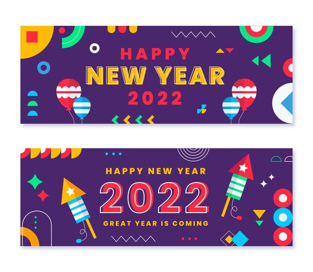 Flat happy new year 2022 horizontal banners set