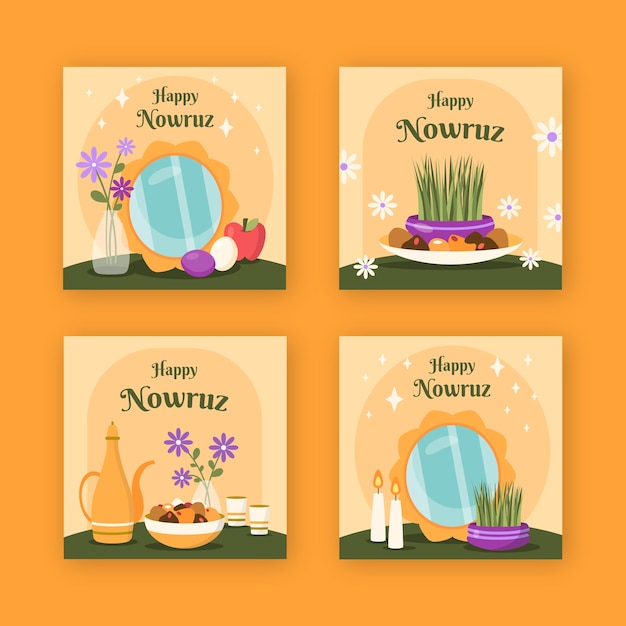 Free Vector flat happy nowruz instagram posts collection