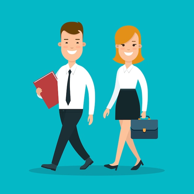 Flat Happy young businesspeople walking synchronously