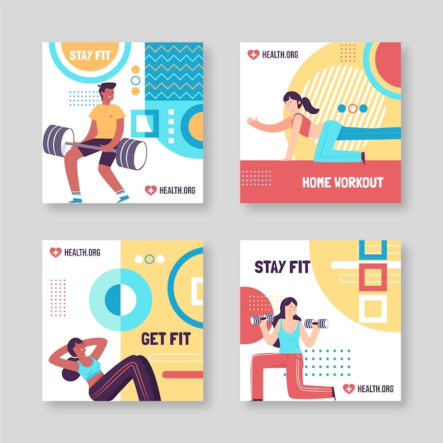 Free Vector flat health and fitness instagram posts collection