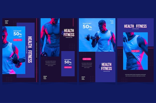 Free Vector flat health & fitness story collection with photo