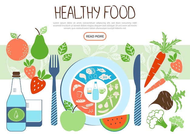 Free Vector flat healthy food concept with fruits vegetables plate fork knife bottle and glass of water illustration