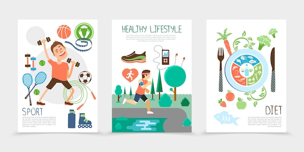 Flat healthy lifestyle brochures with fitness man sport equipment athlete running in public park fruits fish and vegetables illustration