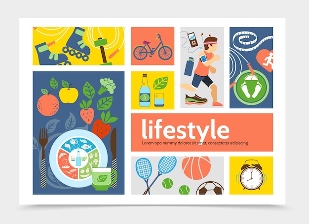 Flat healthy lifestyle infographic concept with running man rollers tennis soccer basketball balls alarm clocks bicycle fruits vegetables illustration