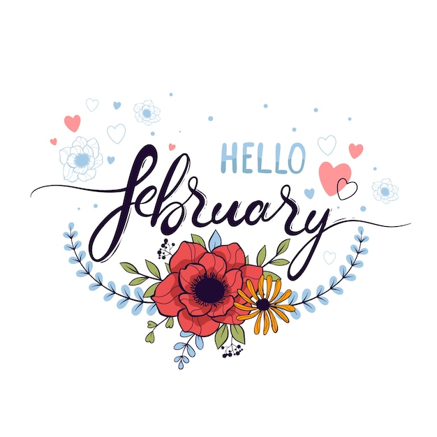 Flat hello february lettering