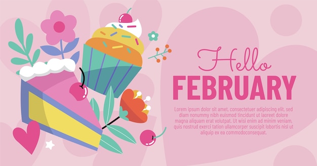 Flat hello february social media post template