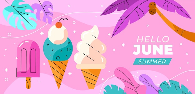 Free Vector flat hello june horizontal banner template