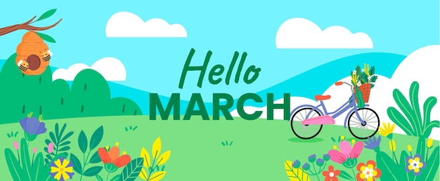 Flat hello march horizontal banner or background