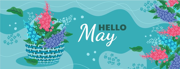 Free vector flat hello may horizontal banner and background