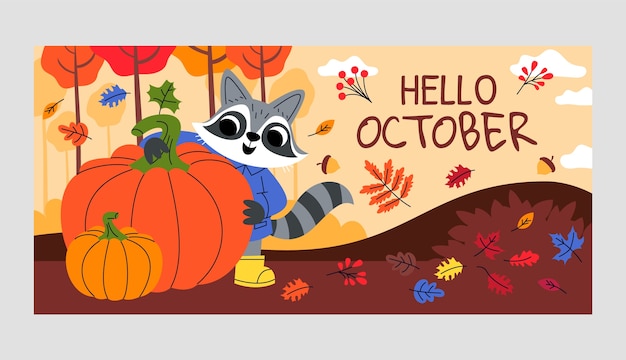 Flat hello october horizontal banner template for autumn