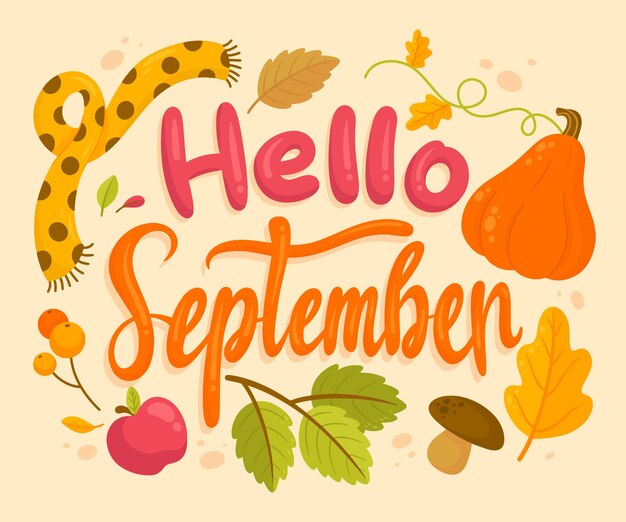 Flat hello september lettering for autumn celebration