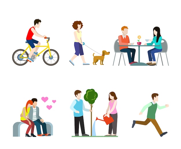 Flat high quality city street pedestrians  set. Bicycle rider dog walker cafe table bench romantic lovers tree watering runner. Build your own world   collection.