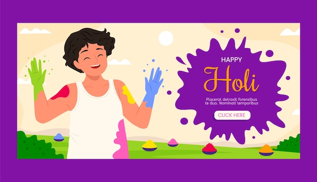 Free vector flat holi festival celebration horizontal banner template