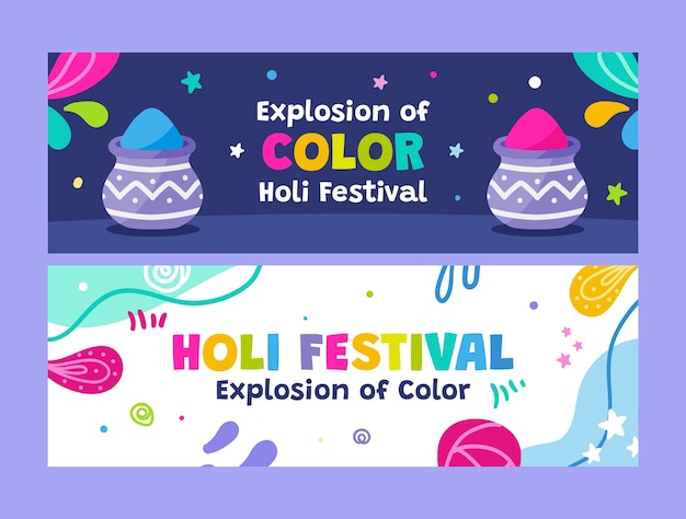 Flat holi festival celebration horizontal banners set