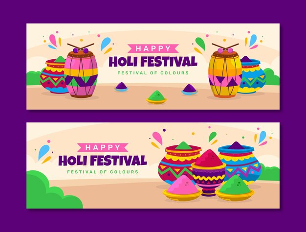 Flat holi festival celebration horizontal banners set