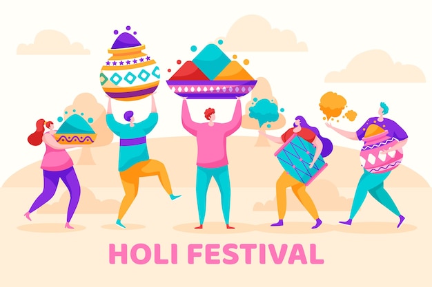 Flat holi festival with people carrying gifts