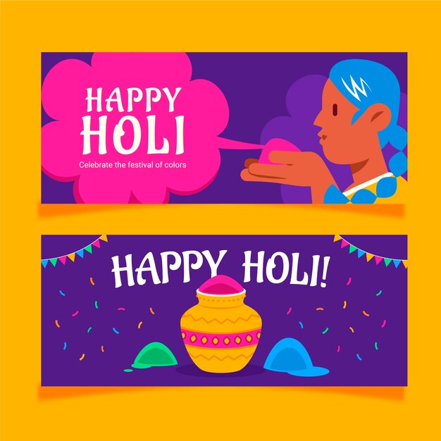 Flat holi horizontal banners set