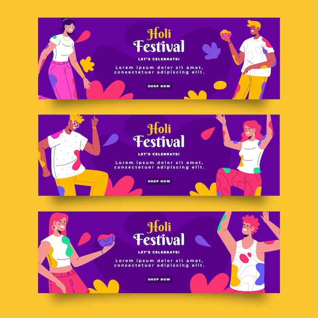 Flat holi horizontal banners set