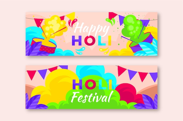 Flat holi horizontal banners set