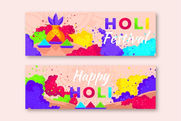 Flat holi horizontal banners set