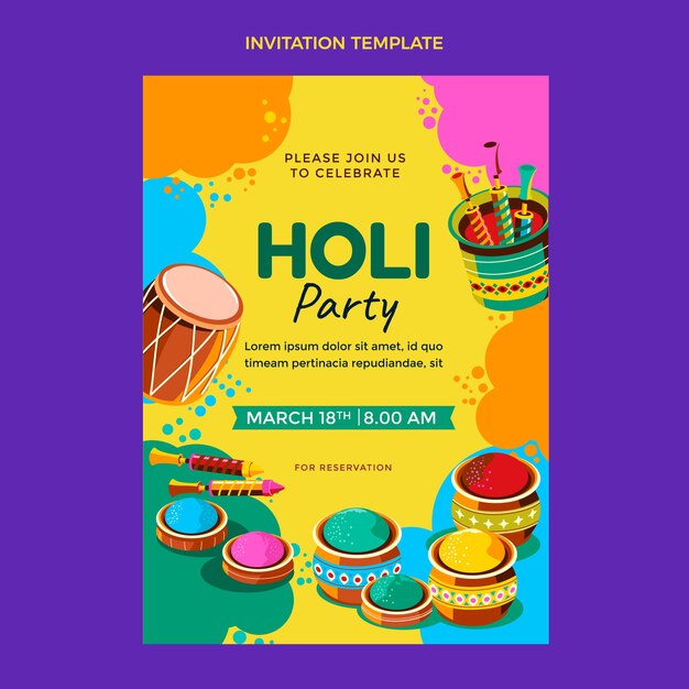 Flat holi invitation template