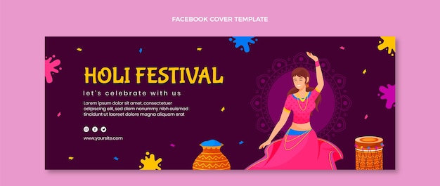 Flat holi social media cover template