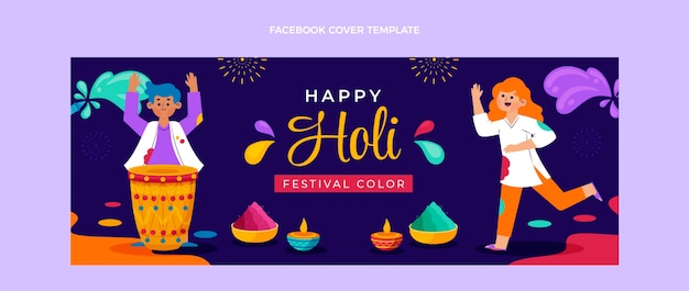 Flat holi social media cover template