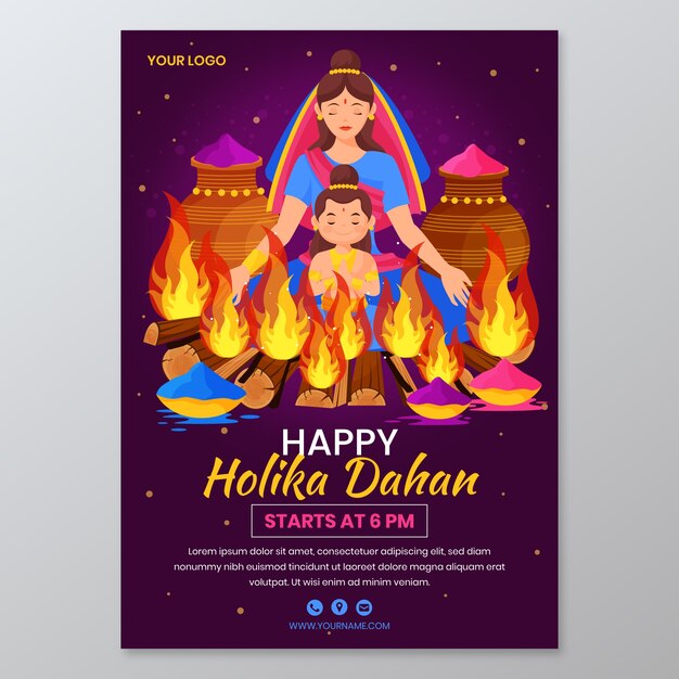 Flat holika dahan vertical poster template