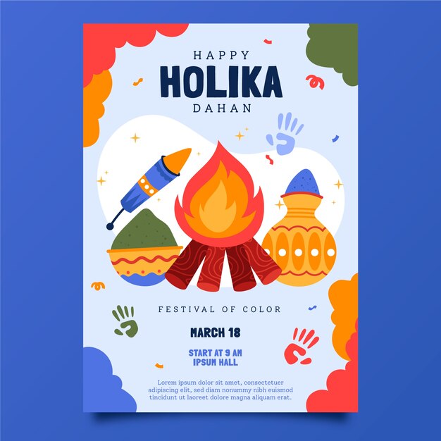 Flat holika dahan vertical poster template