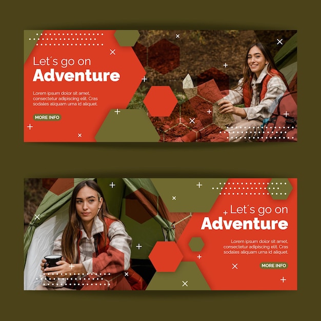 Free Vector flat horizontal adventure banners set with photo