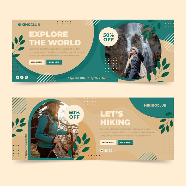 Flat horizontal adventure banners set with photo