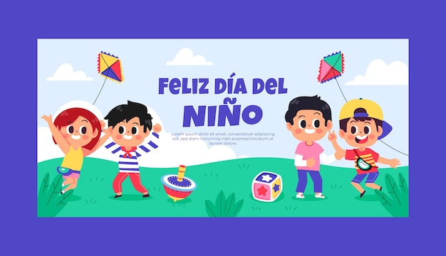 Free Vector flat horizontal banner template for children's day celebration in spanish