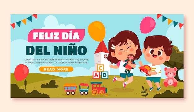 Flat horizontal banner template for children's day celebration in spanish