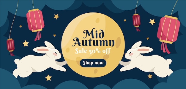 Flat horizontal banner template for chinese mid-autumn festival celebration