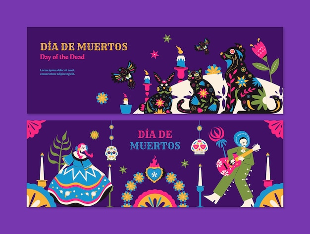 Free vector flat horizontal banner template for dia de muertos celebration