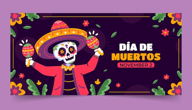 Flat horizontal banner template for dia de muertos celebration