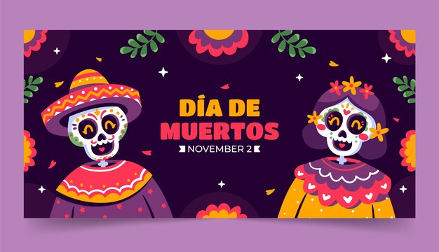 Flat horizontal banner template for dia de muertos celebration