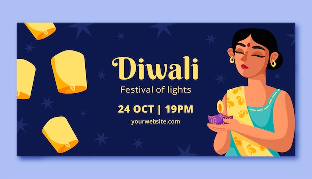 Free Vector flat horizontal banner template for diwali festival celebration