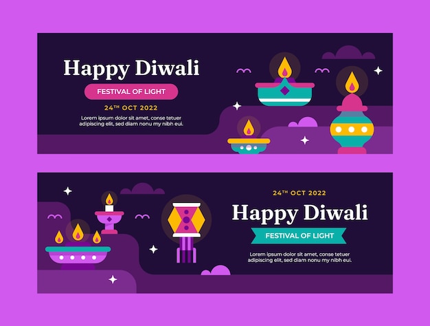 Free Vector flat horizontal banner template for diwali festival celebration