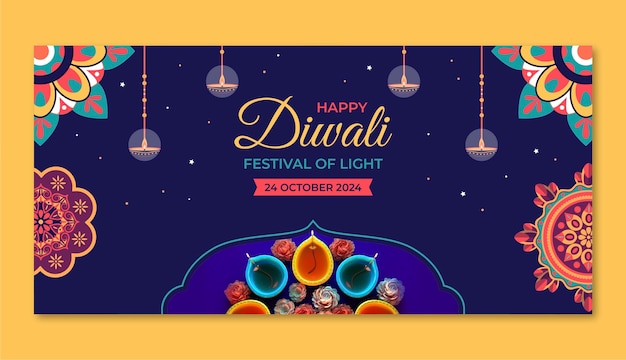 Free Vector flat horizontal banner template for diwali hindu festival celebration