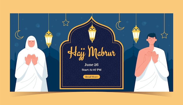 Free Vector flat horizontal banner template for hajj religious pilgrimage