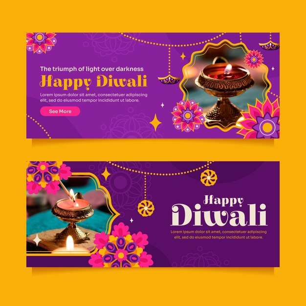 Flat horizontal banner template for hindu diwali festival celebration