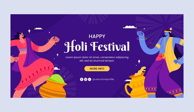 Free Vector flat horizontal banner template for holi festival celebration