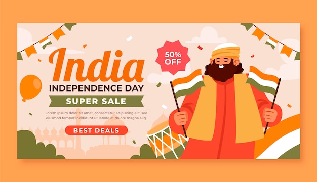 Flat horizontal banner template for india independence day celebration